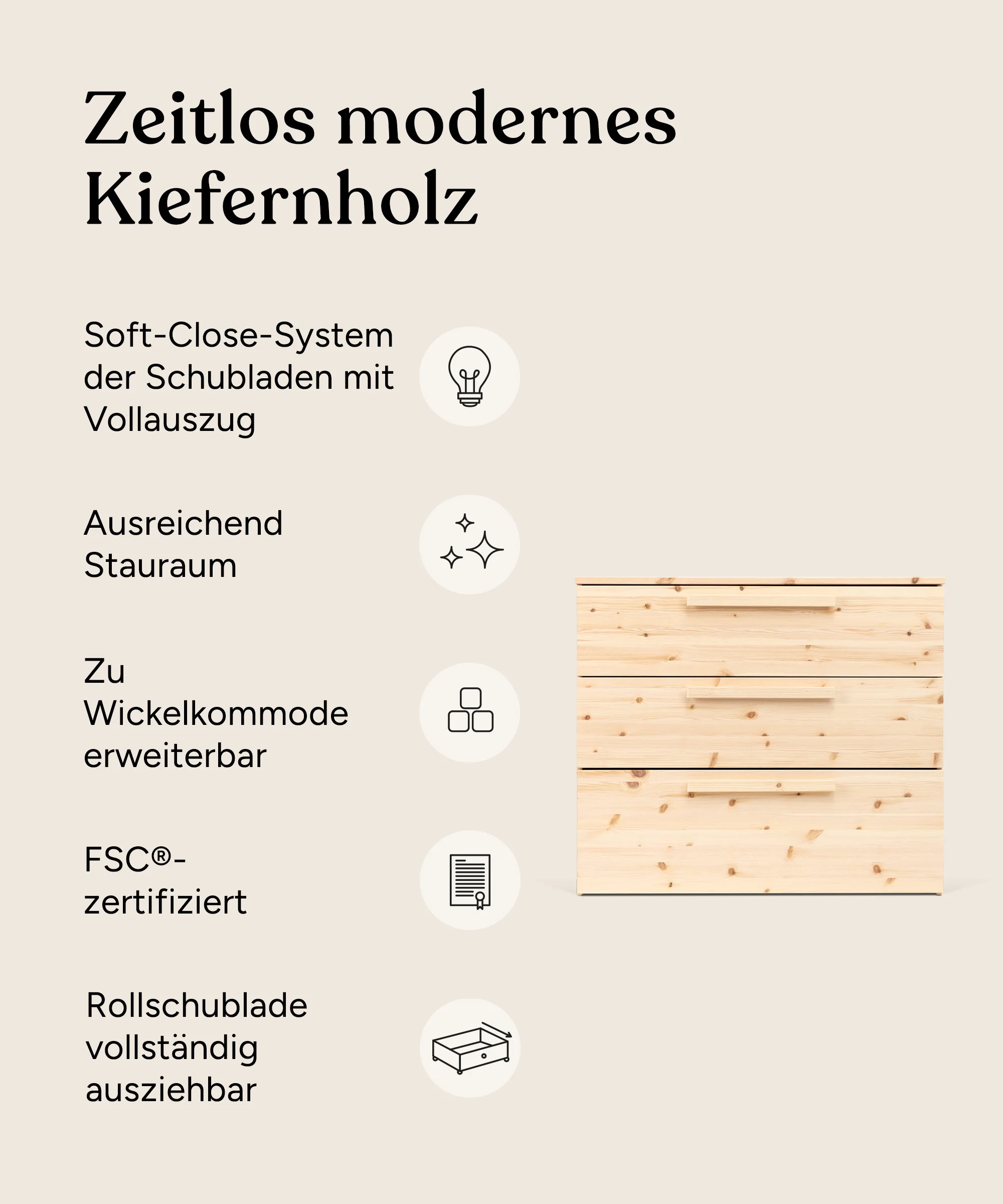 Kommode Linia mit Rollschublade  | Kiefer Natur - Image 3