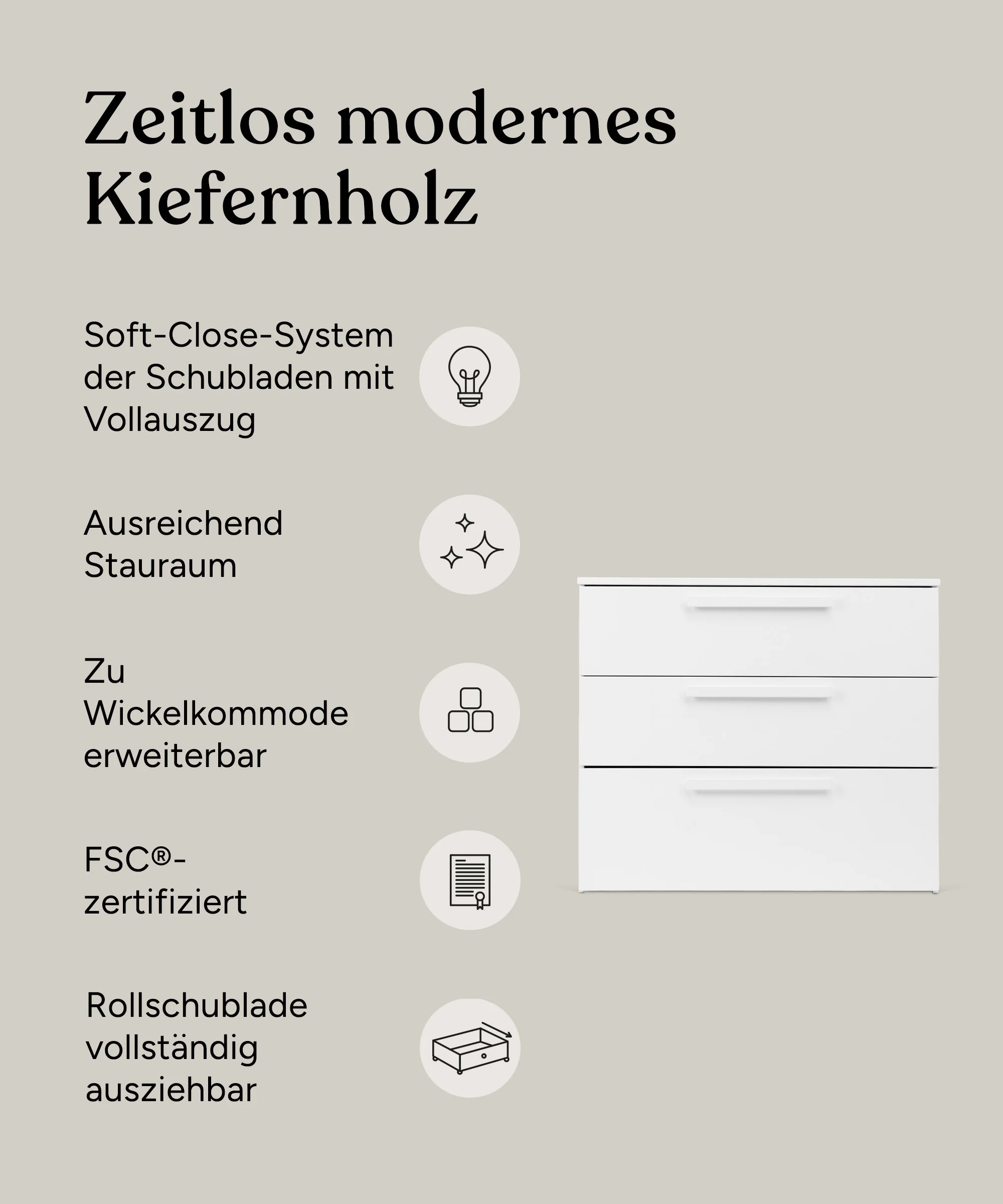 Kommode Linia mit Rollschublade | Kiefer Weiß - Image 3