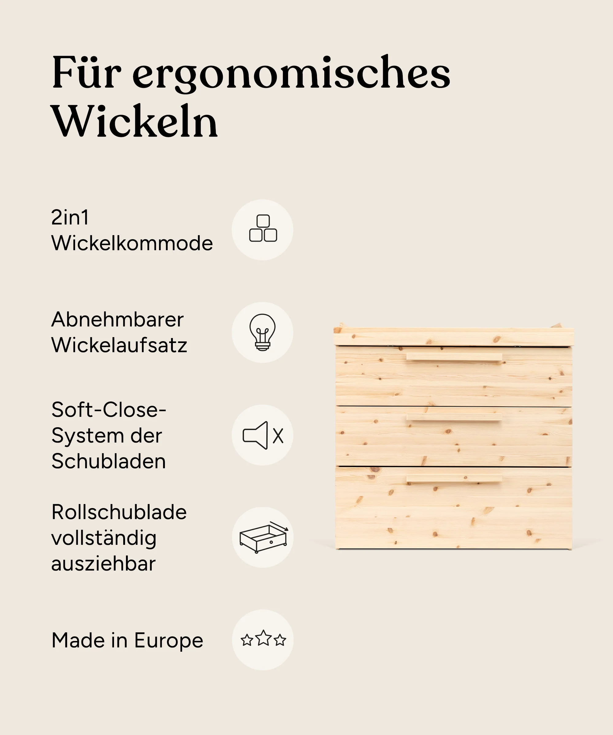 Wickelkommode Linia mit Rollschublade | Kiefer Natur - Image 3